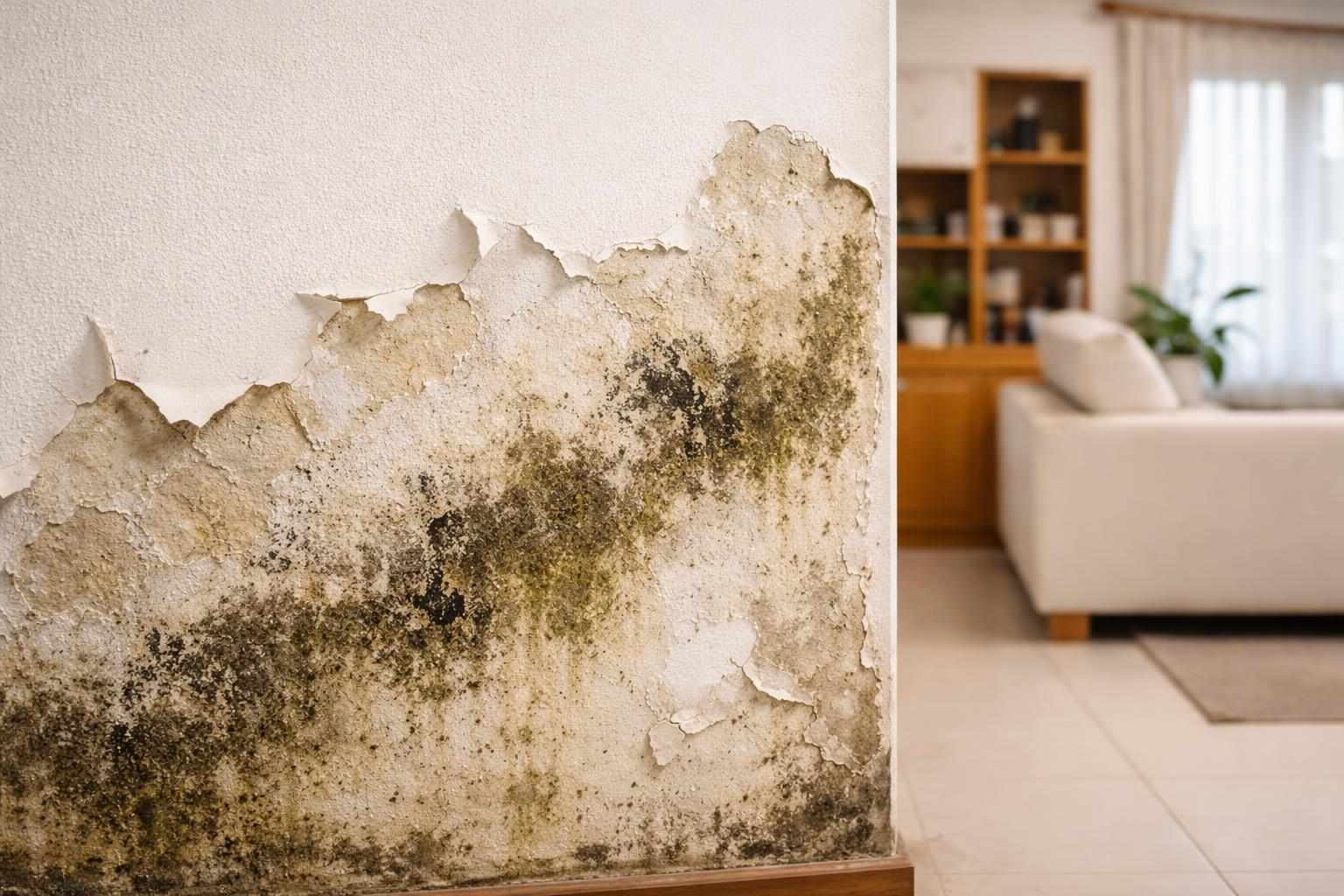 示意圖:新竹住宅室內牆面局部壁癌與油漆剝落狀況特寫